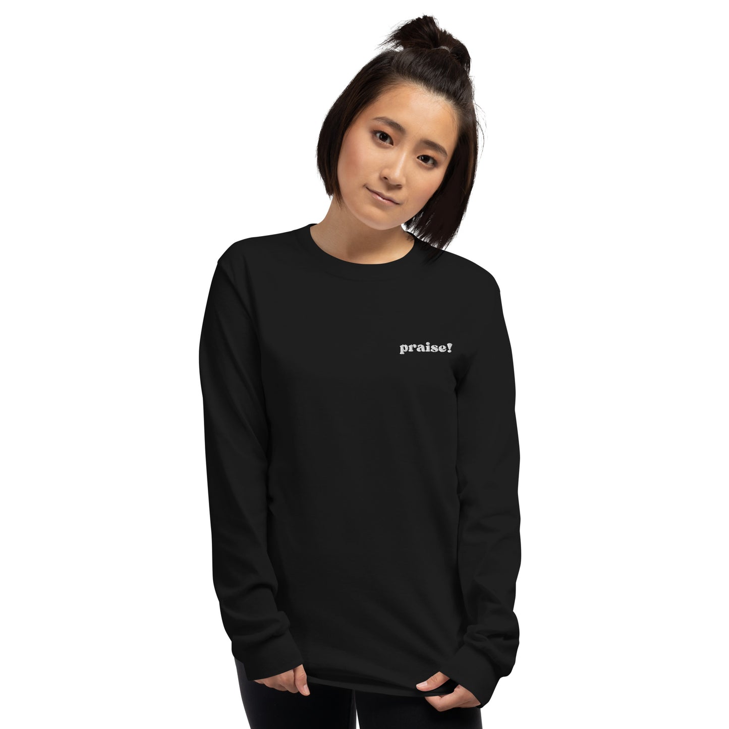 White Embroidered Praise! Long Sleeve Shirt